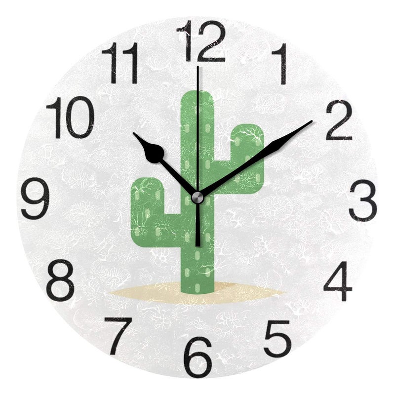 senya Desert Cactus Round Wall Clock, Silent Non Ticking Oil Painting Decorative for Home Office School Clock Art - Image 1